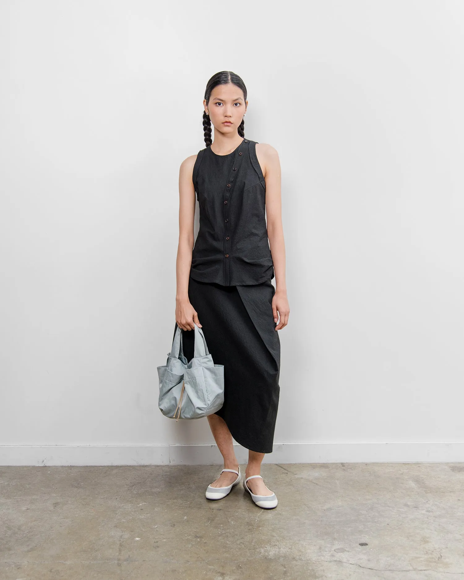 Pleated Drape Skirt Cotton Hemp Black
