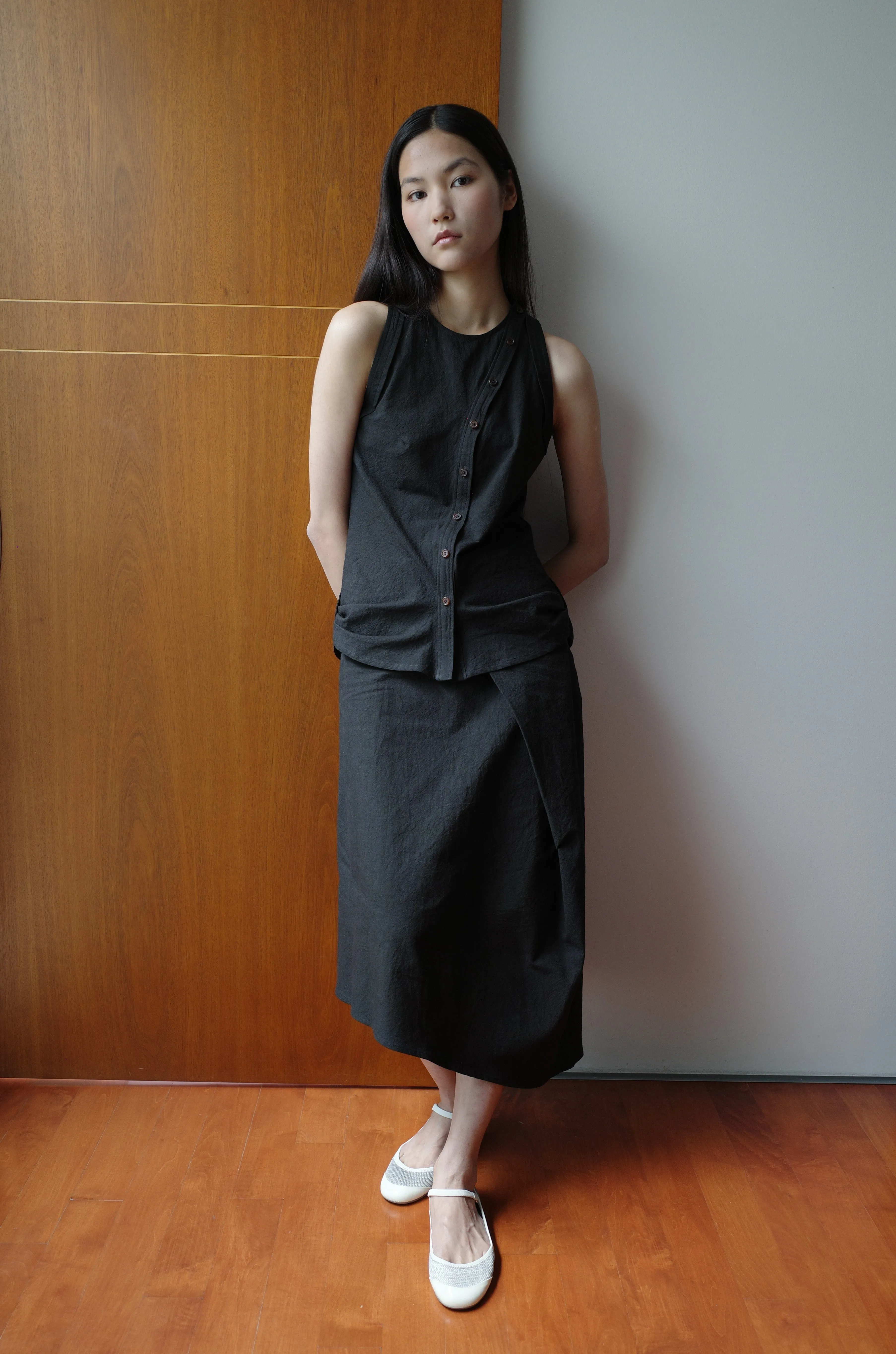 Pleated Drape Skirt Cotton Hemp Black
